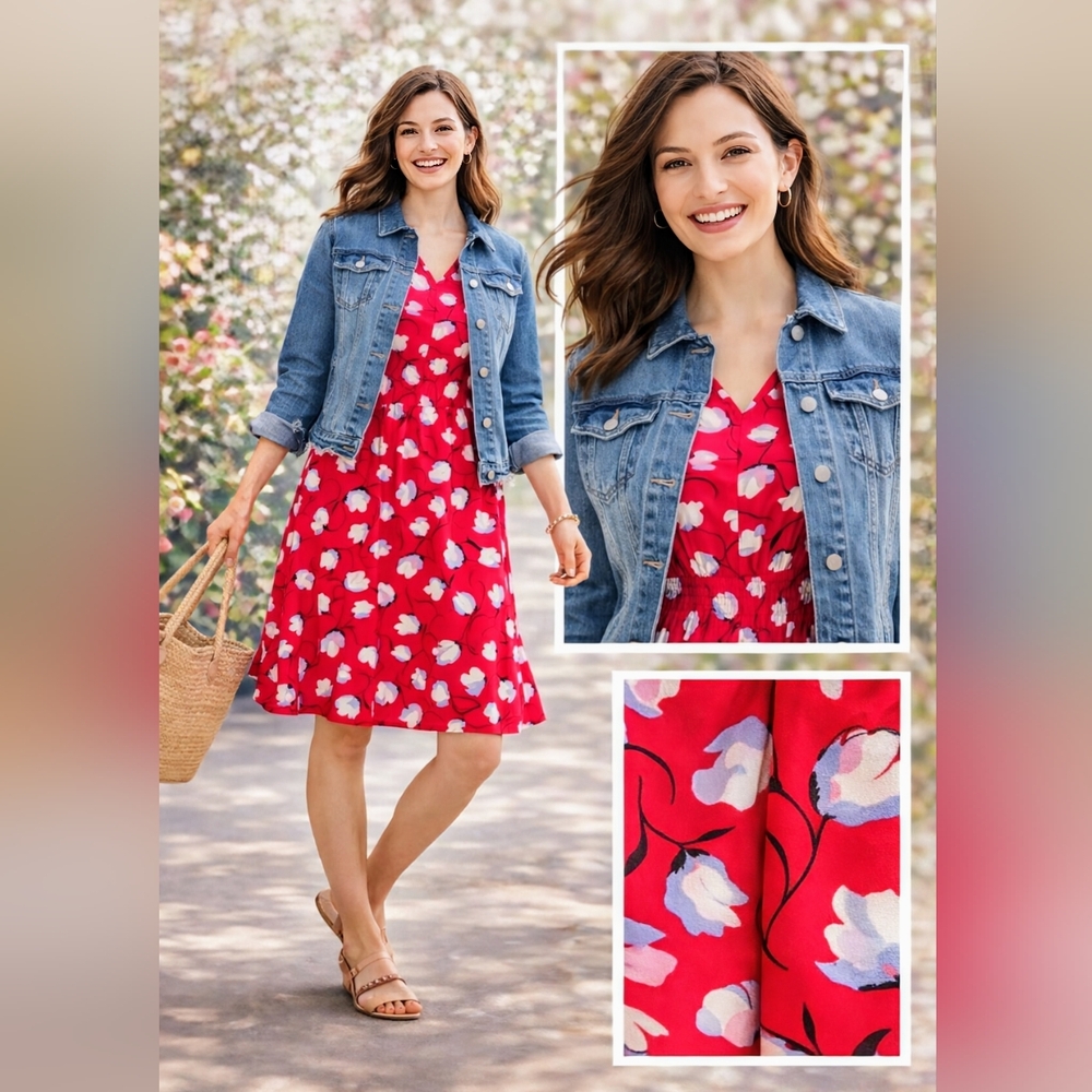 Talbots Petite Red Floral Smocked Waist Ruffle Hem Midi Dress, Size 2P